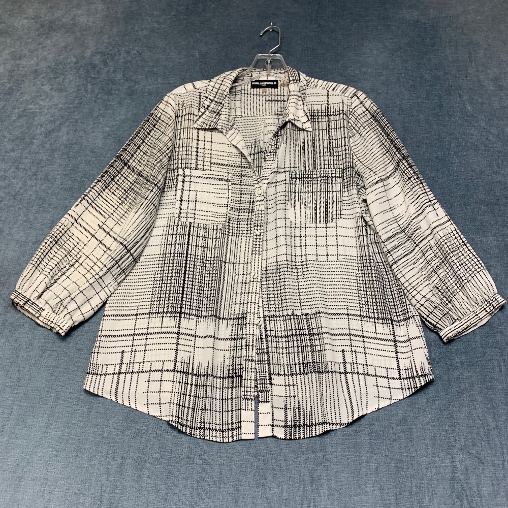 Karl Lagerfeld Paris Shirt Top Womens Medium Black White Geometric Button Up